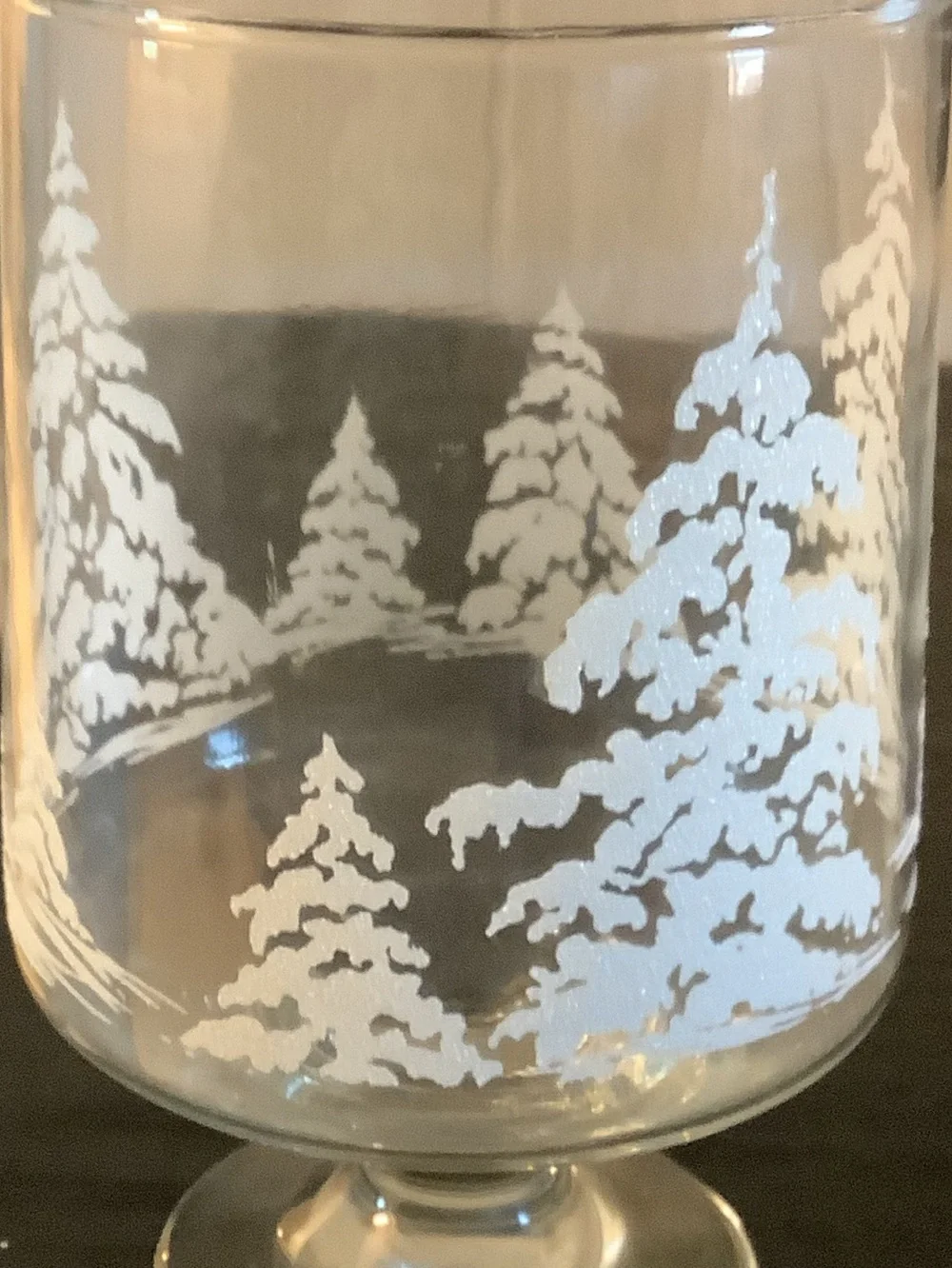 Vintage Etched White Fir Trees on Clear 6” H Glass